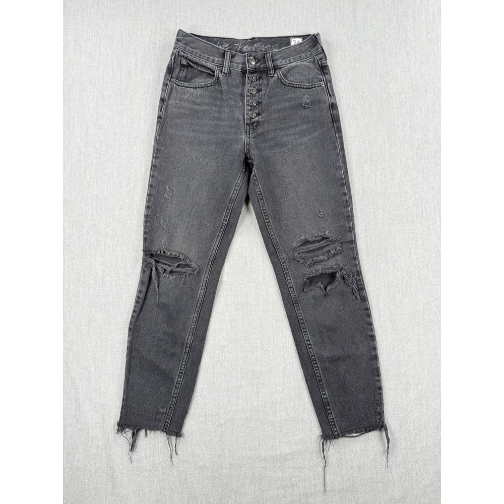 We The Free Free People Washed Black Distressed Button Fly Straight Jeans 24 - Picture 1 of 8